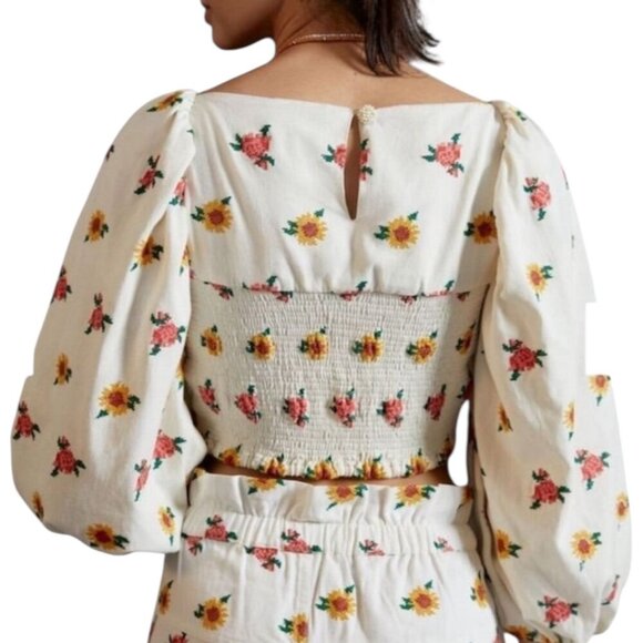 Farm Rio Floral Cross Stitch Embroidered Crop Top XS Puff Sleeves Boho - Picture 4 of 12